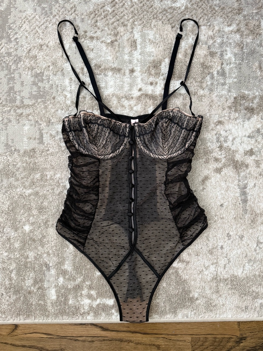 Victoria's Secret Black Sheer Mesh & Nude Lace Underwire Bodysuit